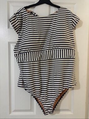 J. Crew Navy and White Striped One-Piece Swimsuit with Back Tie
